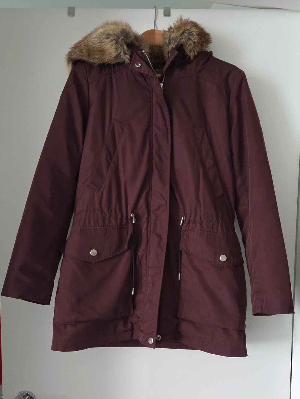 Women's Burgundy Parka Coat with Faux Fur Hood And Lining